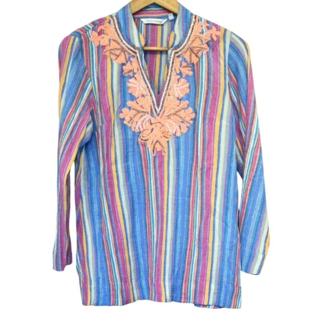 Soft Surroundings Multicolor Striped Tunic Top With Embroidery Detail